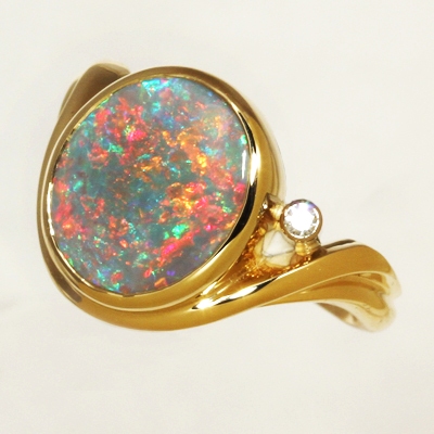 CUSTOM MADE 18k Yellow Gold Ring with a diamond and a SOLID SEMI BLACK OPAL Floral Harlequin pattern, bright and sparkly SEE VIDEO
